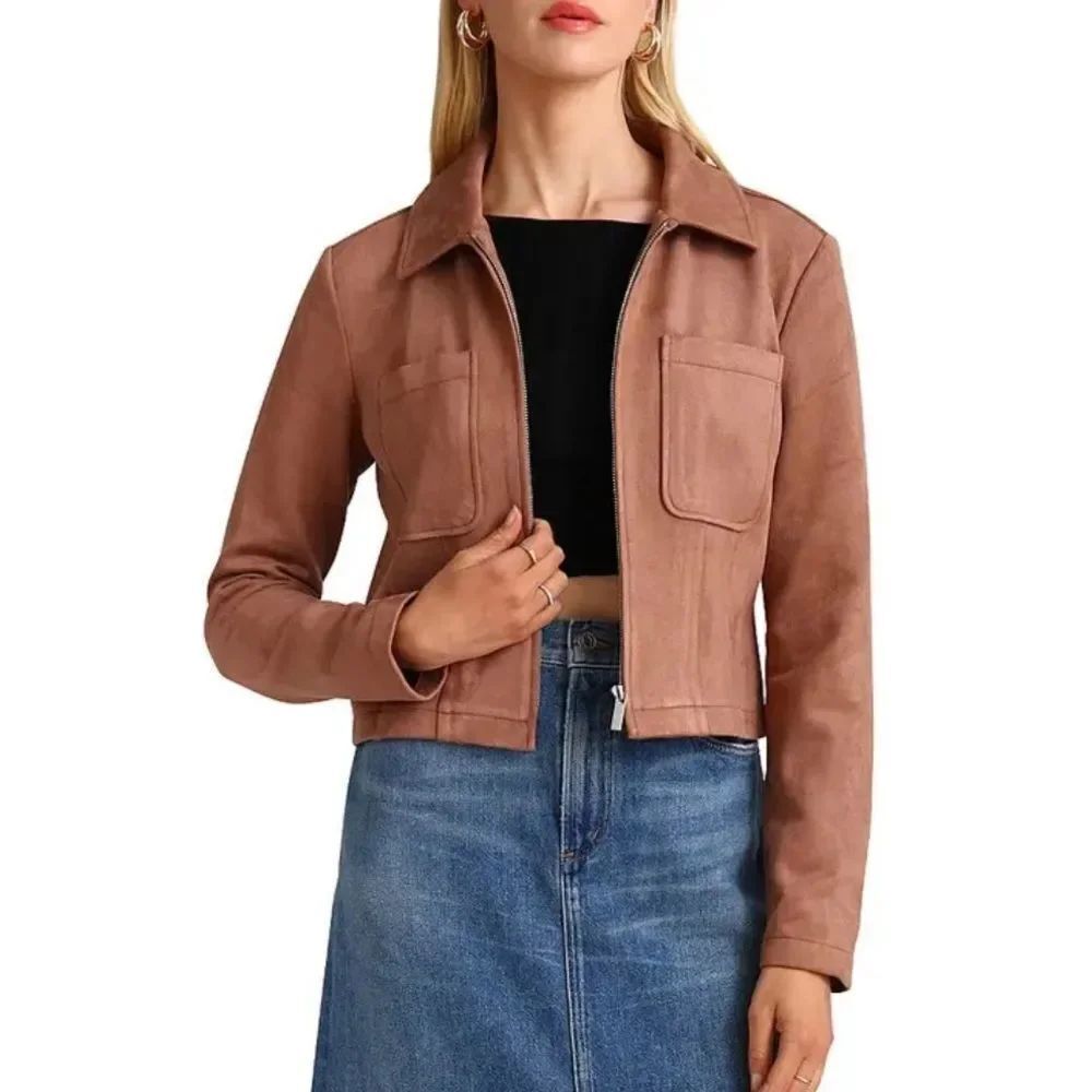 Bagatelle faux suede zip front cropped jacket - mink